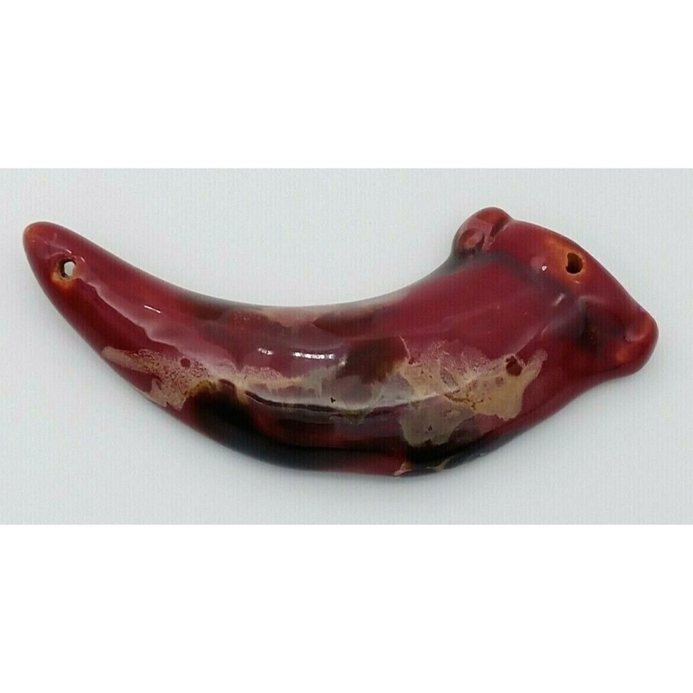Claw Tribal Bead Pendant Pottery Ceramic Burgundy Brown Ethnic Glossy Unique!